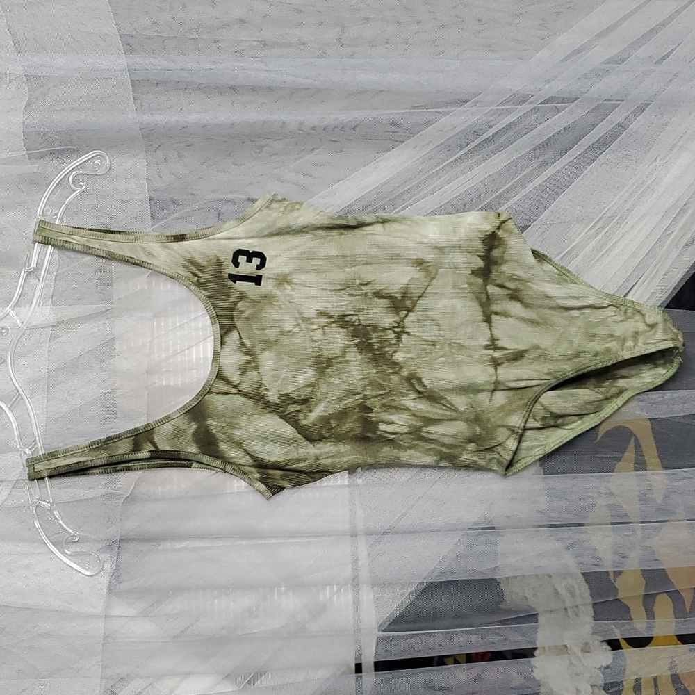 LA Hearts Ribbed Tiedye Bodysuit MED Olive Green